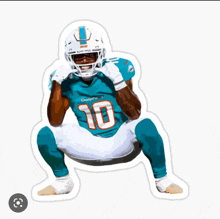 a sticker of a dolphins football player number 10 squatting down