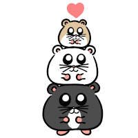 three cartoon hamsters are stacked on top of each other with a heart above them