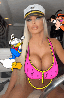 a cartoon of donald duck and goofy with a woman in a pink bikini