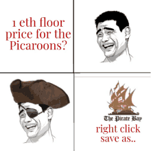 a cartoon of a man wearing a pirate hat with the words 1 eth floor price for the picaroons