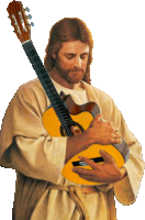 a painting of jesus holding a guitar with a white background