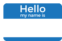 a blue name tag that says " hello my name is "