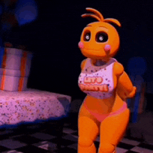 chica the chicken from five nights at freddy 's is standing in a room with a table and chairs .