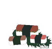 a drawing of a stack of sushi with the name adamally written below it