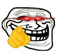 a troll face with red eyes and a yellow finger pointing at it .