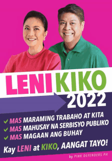 a poster for leni kiko 2022 with a man and woman on it