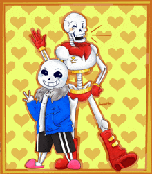 a cartoon drawing of sans and papyrus with hearts in the background and a watermark that says ' thunderbolt star '