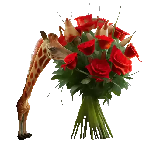 a giraffe holding a bouquet of red roses with the word please written in gold