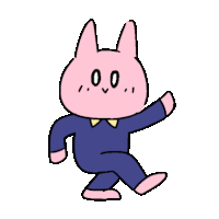 a pink rabbit is wearing a blue shirt and bow tie and is walking .