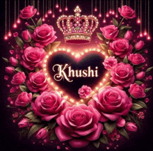 a heart surrounded by pink roses has the name khushi on it