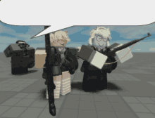 two roblox characters are standing next to each other with a speech bubble in the background