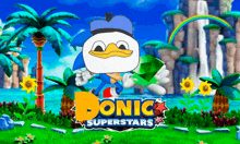 a poster for sonic superstars shows donald duck holding a green emerald