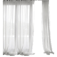 a pair of white curtains are hanging on a window .