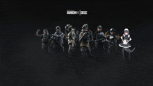 a group of soldiers are standing in front of a rainbow six siege logo