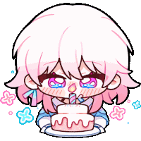 a cartoon of a girl with pink hair holding a birthday cake