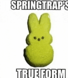 a peeps bunny cookie with the words springtrap 's true form written on it