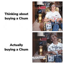 a man is sitting in a chair with a device on his head that says thinking about buying a chum