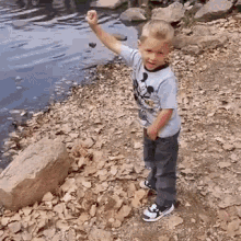 a young boy is standing on a rock near a body of water with his fist in the air .