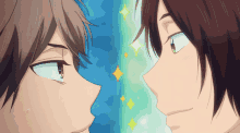 a couple of anime characters looking at each other with sparkles in the background