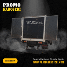 an advertisement for promo karoseri with a truck in the background