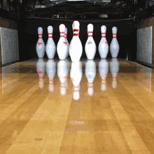 a row of bowling pins on a wooden floor one of which has a red and white stripe on it