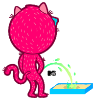 a cartoon of a pink cat urinating on a box