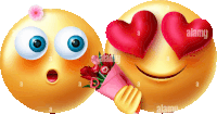 a couple of smiley faces with hearts in their eyes one of which is holding a bouquet of roses