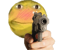 a person is holding a gun in front of a smiley face with a blurry face .