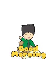 a cartoon of a boy sitting at a desk with the words " good morning " written on it