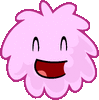 a pink fluffy cartoon character with a smiling face and a red mouth .