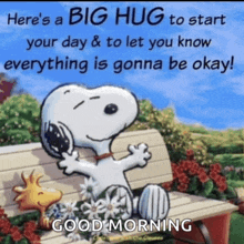 a cartoon of snoopy sitting on a bench with flowers and a good morning message .