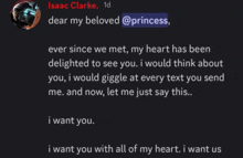 a message from isaac clarke says dear my beloved @princess ever since we met my heart has been delighted to see you