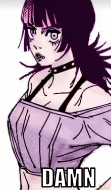 a drawing of a girl with purple hair and a choker that says damn .