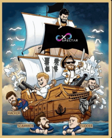 a cartoon drawing of a pirate ship with hacker scammer and fudder on it