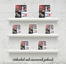 a shelf full of unloaded and uncovered podcasts against a white brick wall