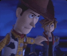 woody and sora are standing next to each other in a video game