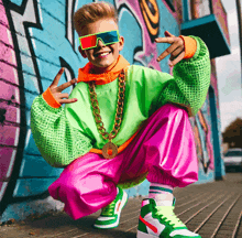 a young boy wearing sunglasses and a necklace is kneeling down in front of a graffiti wall