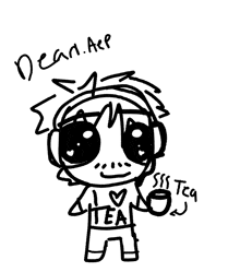 a black and white drawing of a person wearing headphones and a shirt that says 4 tea