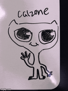 a white board has a drawing of a cat with the name calzone written on it