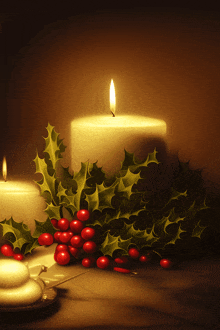 a candle with holly and red berries on it