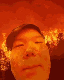 a close up of a man 's face in front of a fire