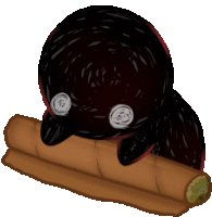 a cartoon drawing of a black object with white eyes sitting on a piece of wood