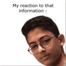 a young boy wearing glasses with the caption " my reaction to that information : "