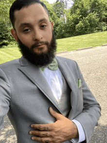 a man with a beard wearing a grey suit and green bow tie