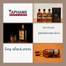 an ad for yaphank wines and spirits shows bottles of whiskey and a glass of whiskey