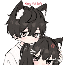 a drawing of a boy and a girl with the words " keep yui safe " below them