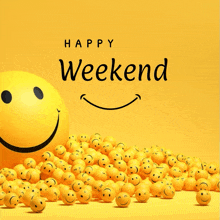 a yellow background with smiley faces and the word happy weekend