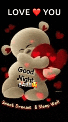 a teddy bear is hugging a red heart and says `` love you good night babe '' .