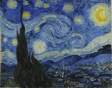 a painting of a starry night sky with a crescent moon in the middle