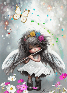 a little girl with wings is playing a flute with a butterfly behind her